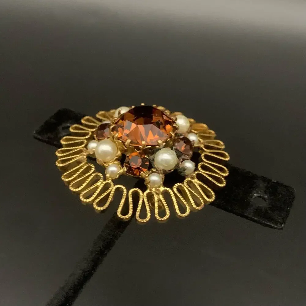 Vintage Austrian Crystal Brooch Pin Made In Austria Smokey Amber Brown Crystal